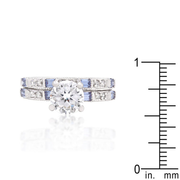 Bridal ring set with genuine clear and tanzanite cubic zirconia in pave, rhodium plated over lead free alloy (brass).