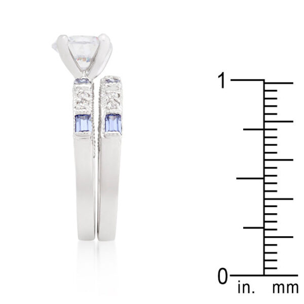 Clear and tanzanite cubic zirconia wedding ring set with 2.6 ct total stone weight, rhodium plated over lead free alloy (brass).