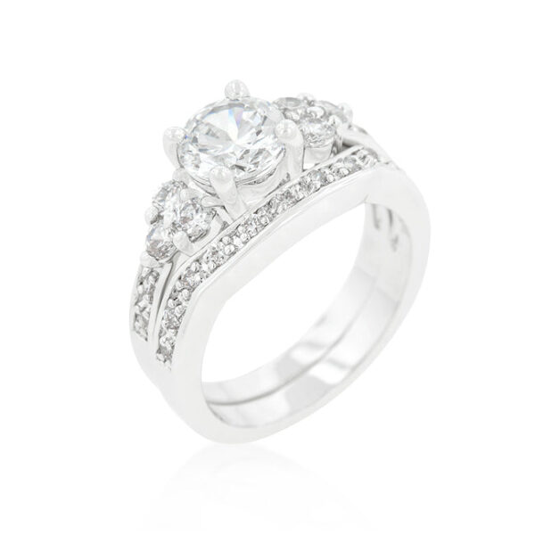 The set with clear round cubic zirconia in pave, rhodium plated over lead free alloy (brass).