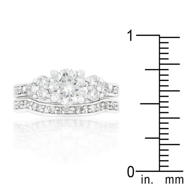 Triple stone bridal ring set with clear round cubic zirconia in pave, 4.7 Mm wide.