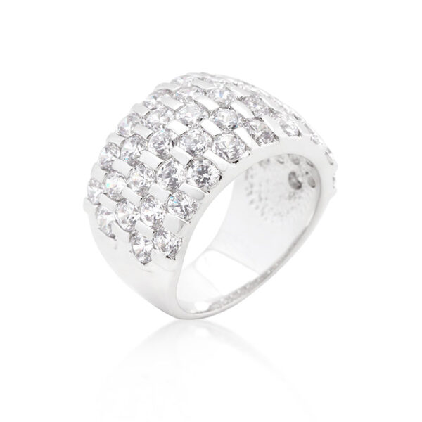 Princess-cut ring with round cubic zirconia in a channel setting and 8.8 ct total stone weight.