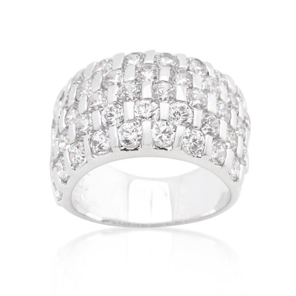 Rhodium plated over lead free alloy (brass) ring with round cubic zirconia in a channel setting.