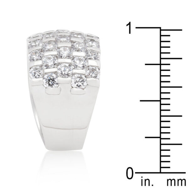Princess-cut ring with 8.8 ct total stone weight of round cubic zirconia.