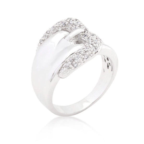 Clear round cubic zirconia belt ring in a pave setting, rhodium plated over lead free alloy (brass), with buckle fastening.