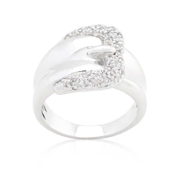 Belt-motif ring with clear round cubic zirconia in pave, 1.7 ct total stone weight, and rhodium plated over lead free alloy (brass).