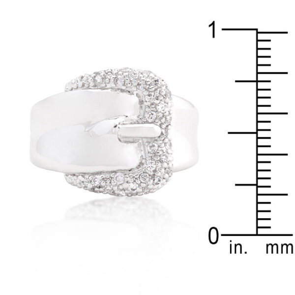 Clear cubic zirconia belt ring with buckle fastening, rhodium plated over lead free alloy (brass), measuring 3.3 Mm wide.