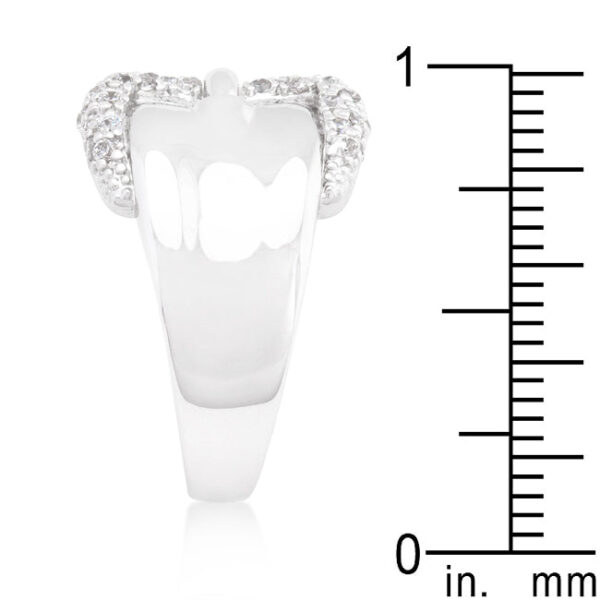 Round clear cubic zirconia pave belt ring, rhodium plated over lead free alloy (brass), with 1.4 (mm) X 1.4 (mm) accent stones.