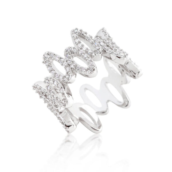 Oval ring with round stones in a pave setting, rhodium plated over lead free alloy (brass).