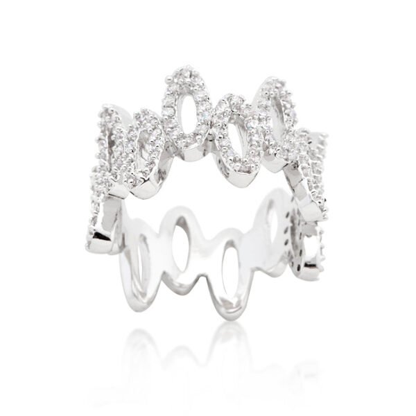 13.3 (mm)-wide oval cubic zirconia ring with round stones in a pave setting.