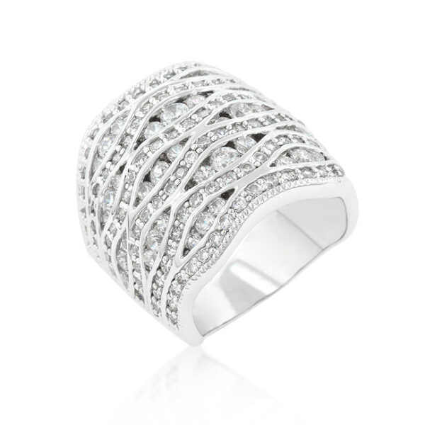 Abstract pave ring with round cubic zirconia, rhodium plated over lead free alloy (brass).
