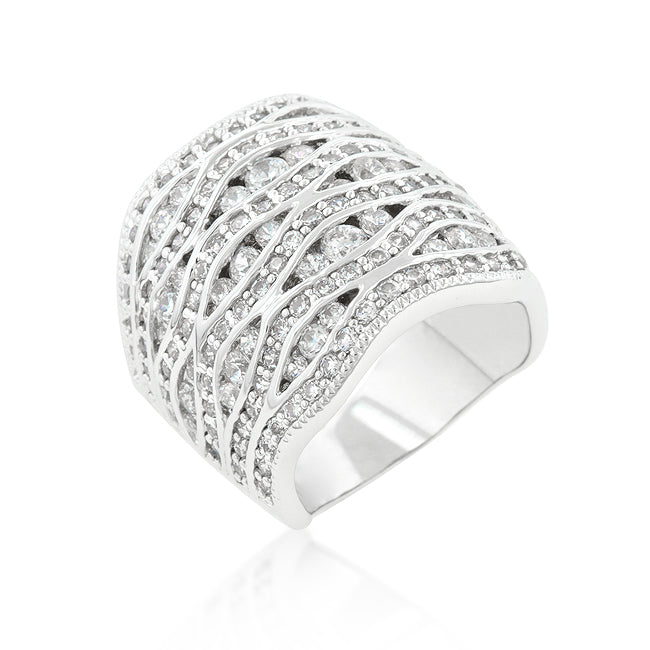 Abstract pave ring with round cubic zirconia, rhodium plated over lead free alloy (brass).