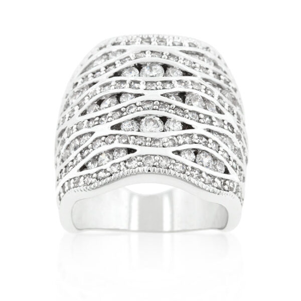 Round cubic zirconia pave cocktail ring, rhodium plated over lead free alloy (brass).