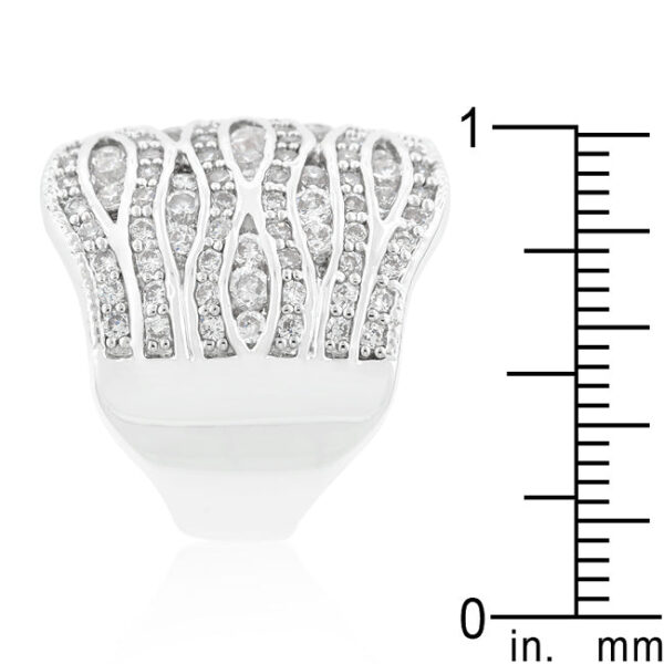 Abstract cubic zirconia ring in pave, rhodium plated over lead free alloy (brass).