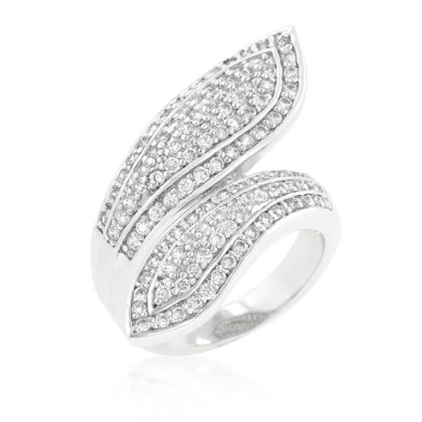 Clear round cubic zirconia pave wrap ring, rhodium plated over lead free alloy (brass).