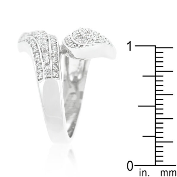 Round clear cubic zirconia in pave on a rhodium plated over lead free alloy (brass) wrap ring.