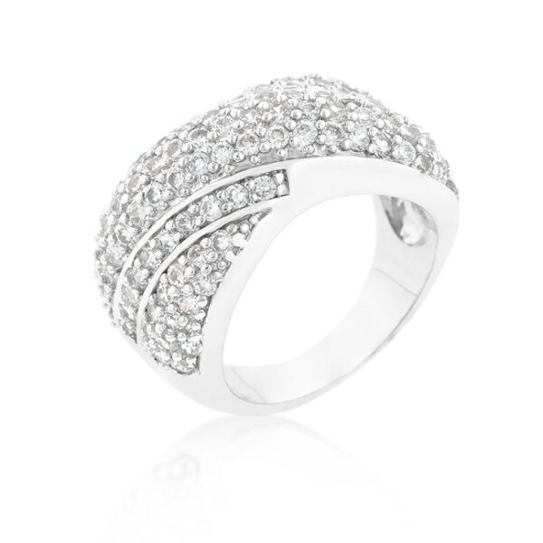 The ring with multi-color round cubic zirconia in a pave setting, rhodium plated over lead free alloy (brass).