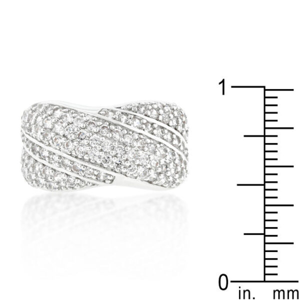 Diagonal overlap ring, rhodium plated over lead free alloy (brass), with pave-set multi-color cubic zirconia.
