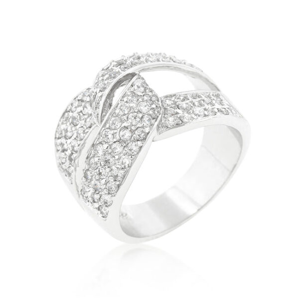 Knot ring with round cubic zirconia in pave, 9 ct total stone weight, rhodium plated over lead free alloy (brass).