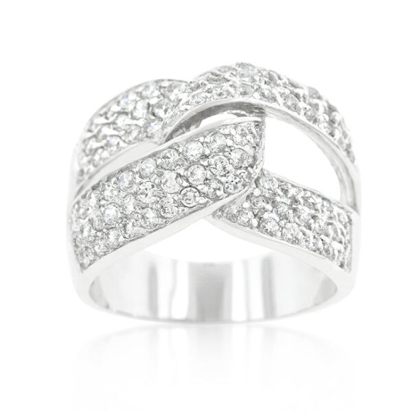 Round ring in pave with 9 ct total stone weight and rhodium plated over lead free alloy (brass).