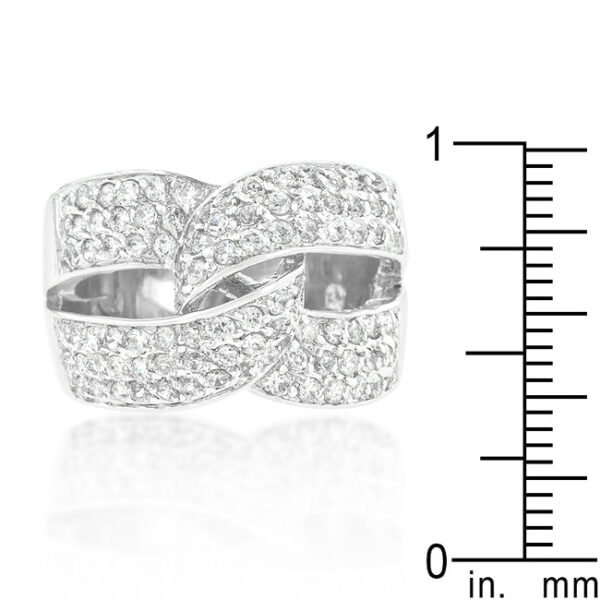 Classic knot ring with 2 (mm) X 2 (mm) round cubic zirconia in pave, rhodium plated over lead free alloy (brass).