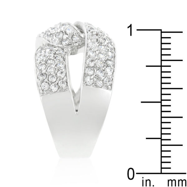 Cubic zirconia pave knot ring, 5.8 (mm) wide, rhodium plated over lead free alloy (brass).