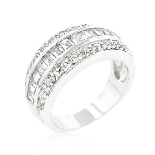 The band in rhodium plated over lead free alloy (brass), with round stones in a channel setting.