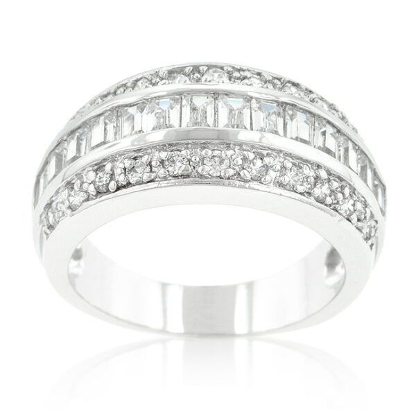 Round cubic zirconia 3-row band, rhodium plated over lead free alloy (brass), with a 4 Mm width.