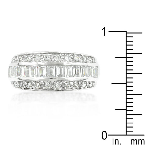 Classic 3-row band with round cubic zirconia in a channel setting, rhodium plated over lead free alloy (brass).