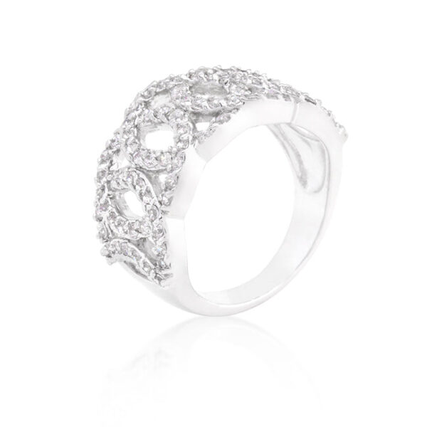Circular ring with round cubic zirconia in prongs, rhodium plated over lead free alloy (brass).