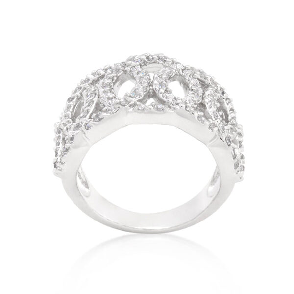 Circular ring with prong-set round cubic zirconia and rhodium plating over lead free alloy (brass).