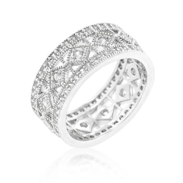 Orange round cubic zirconia pave band in rhodium plated over lead free alloy (brass) with 7 ct total stone weight.