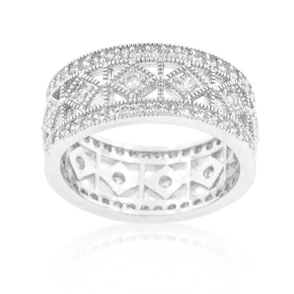 Contemporary eternity band with orange round cubic zirconia in pave and 7 ct total stone weight.