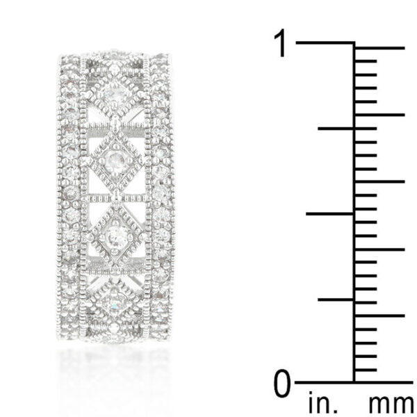 Rhodium plated over lead free alloy (brass) eternity band with round orange cubic zirconia.