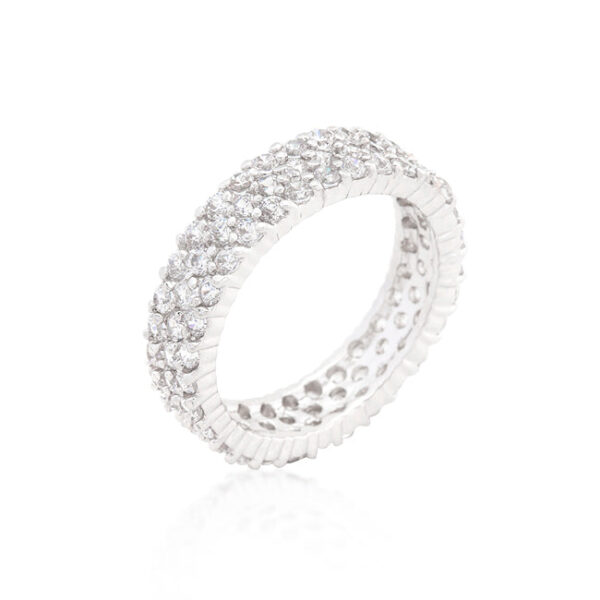 The ring in rhodium plated over lead free alloy (brass) with round All Clear cubic zirconia.