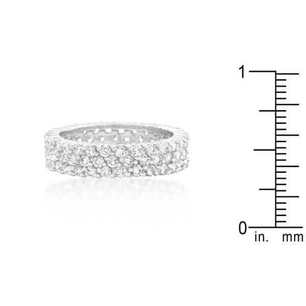 Rhodium plated over lead free alloy (brass) ring with All Clear cubic zirconia in a pave setting.