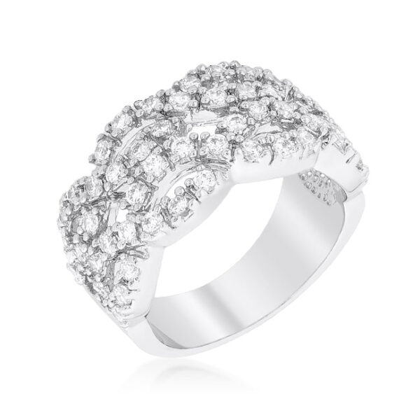 Braided cocktail ring with round cubic zirconia in prongs, rhodium plated over lead free alloy.