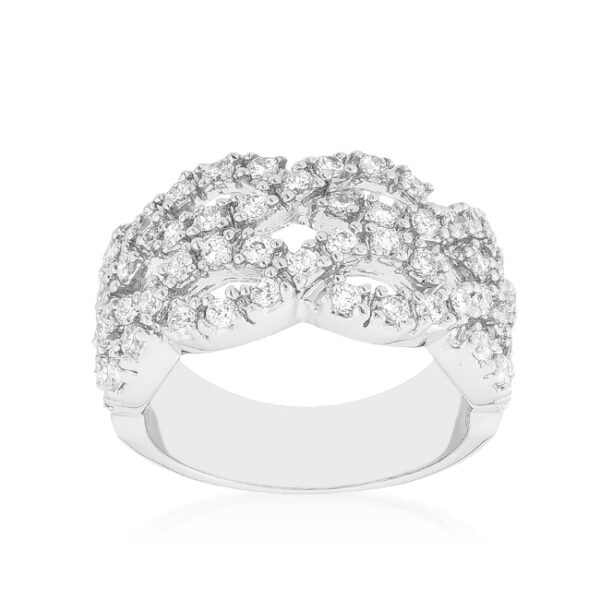 Braided ring with round cubic zirconia in prongs and 7.5 ct total stone weight, rhodium plated over lead free alloy.