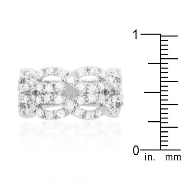 Round cubic zirconia braided cocktail ring, rhodium plated over lead free alloy, with 2 (mm) X 2 (mm) accent stones.