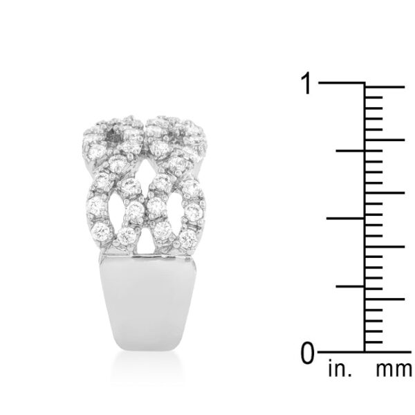 Braided cocktail ring in rhodium plated over lead free alloy with round prong-set cubic zirconia and a 6.2 Mm width.