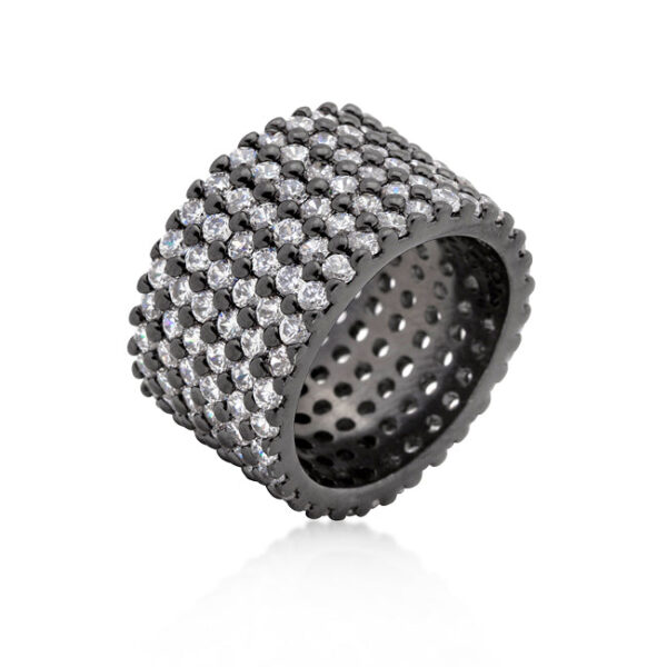 Wide Pave ring with round 2 (mm) X 2 (mm) cubic zirconia and gunmetal/hematite plated over lead free alloy (brass).