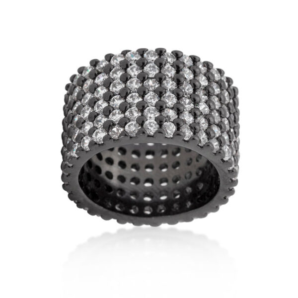 Round cubic zirconia Pave ring, 12.3 (mm) wide, in gunmetal/hematite plated over lead free alloy (brass).