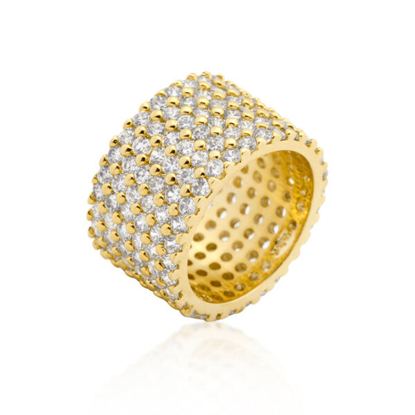 Wide pave ring in gold tone finish over lead free alloy (brass) with round cubic zirconia.