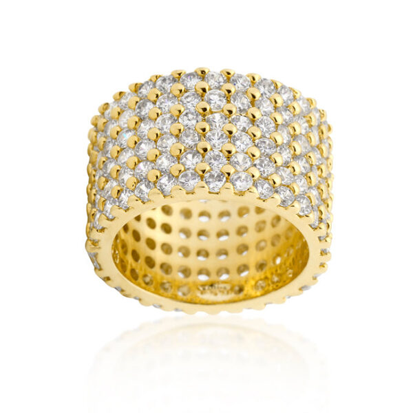 Round cubic zirconia pave ring in gold tone finish over lead free alloy (brass).