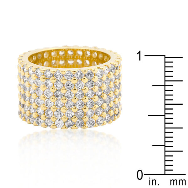 Wide pave cubic zirconia ring with gold tone finish over lead free alloy (brass).