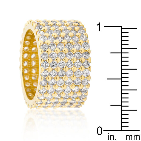 Gold tone finish over lead free alloy (brass) ring with round cubic zirconia in pave setting.