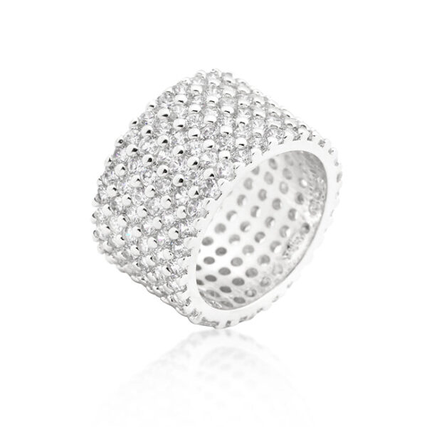 Wide pave cubic zirconia ring in rhodium plated over lead free alloy (brass).