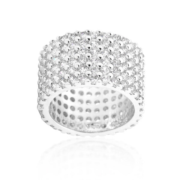 Round genuine cubic zirconia pave ring, rhodium plated over lead free alloy (brass), with 22.5 ct total stone weight.