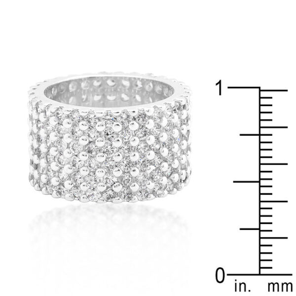 Contemporary wide pave ring with 2 (mm) X 2 (mm) cubic zirconia, rhodium plated over lead free alloy (brass).