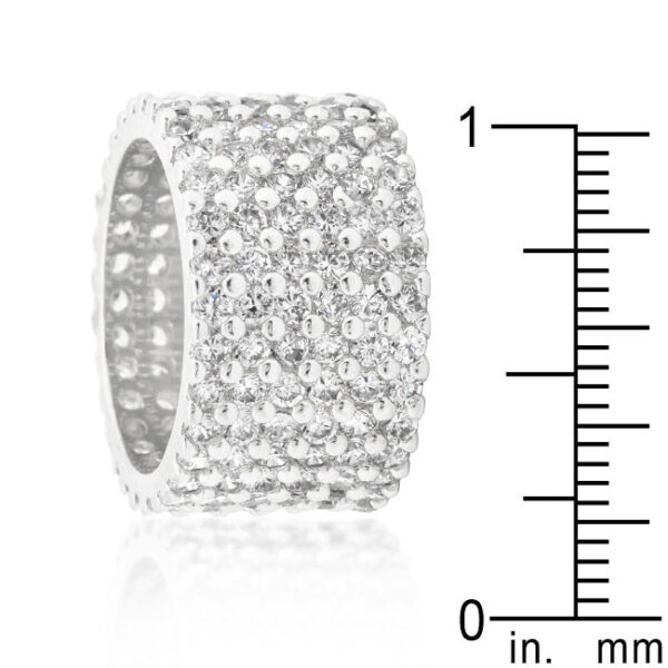 Wide pave cubic zirconia ring measuring 12.3 (mm), rhodium plated over lead free alloy (brass).