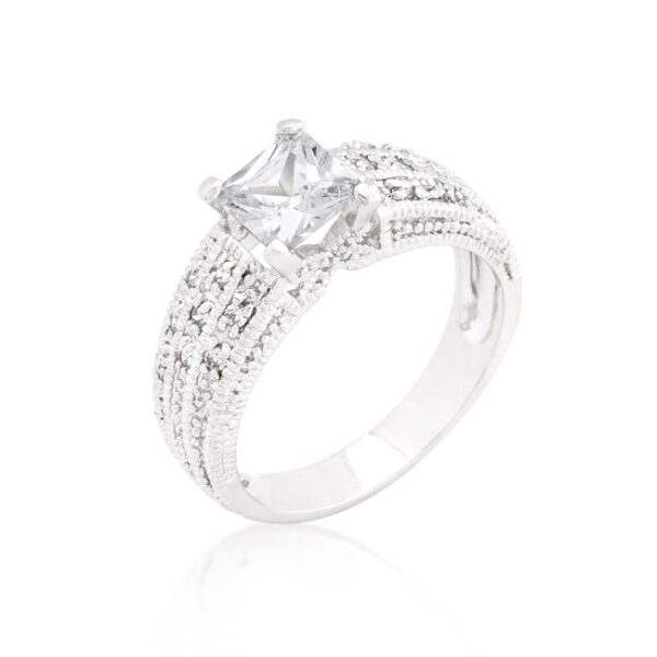 Pave-set cubic zirconia ring with rhodium plating over lead-free alloy (brass)
